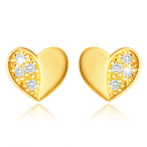 9K arany fülbevaló – szimmetrikus szív, fényes és cirkónia féllel