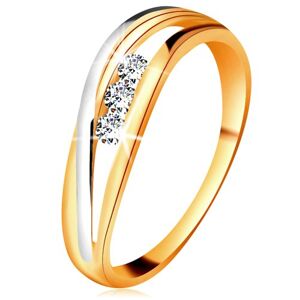 Brilliáns gyűrű 14K aranyból, hullámos kétszínű szárak, három átlátszó gyémánt - Nagyság: 51