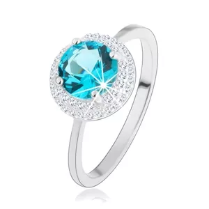 Csillogó gyűrű, 925 ezüst, kerek cirkónia tengerkék színben, átlátszó szegéllyel - Nagyság: 55