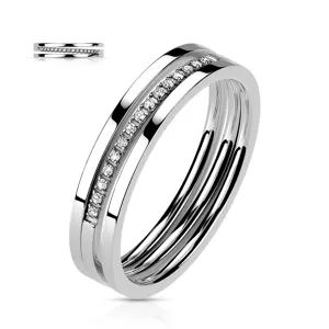 Sebészeti acél gyűrű - hármas vonal, átlátszó cirkóniák, ezüst színű - Nagyság: 49