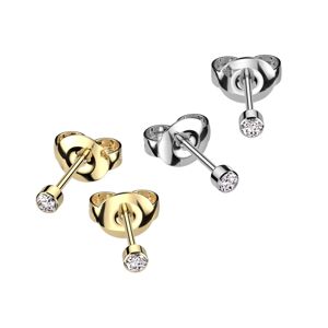 Titánium fülbevaló - kerek cirkóniák, sima szélű, stekkerzárral, 3 mm - Szín: Arany