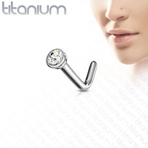 Titánium orrpiercing hajlított véggel – átlátszó kerek cirkónia foglalatban, 1 mm - Méret: 1 mm x 6 mm x 2 mm
